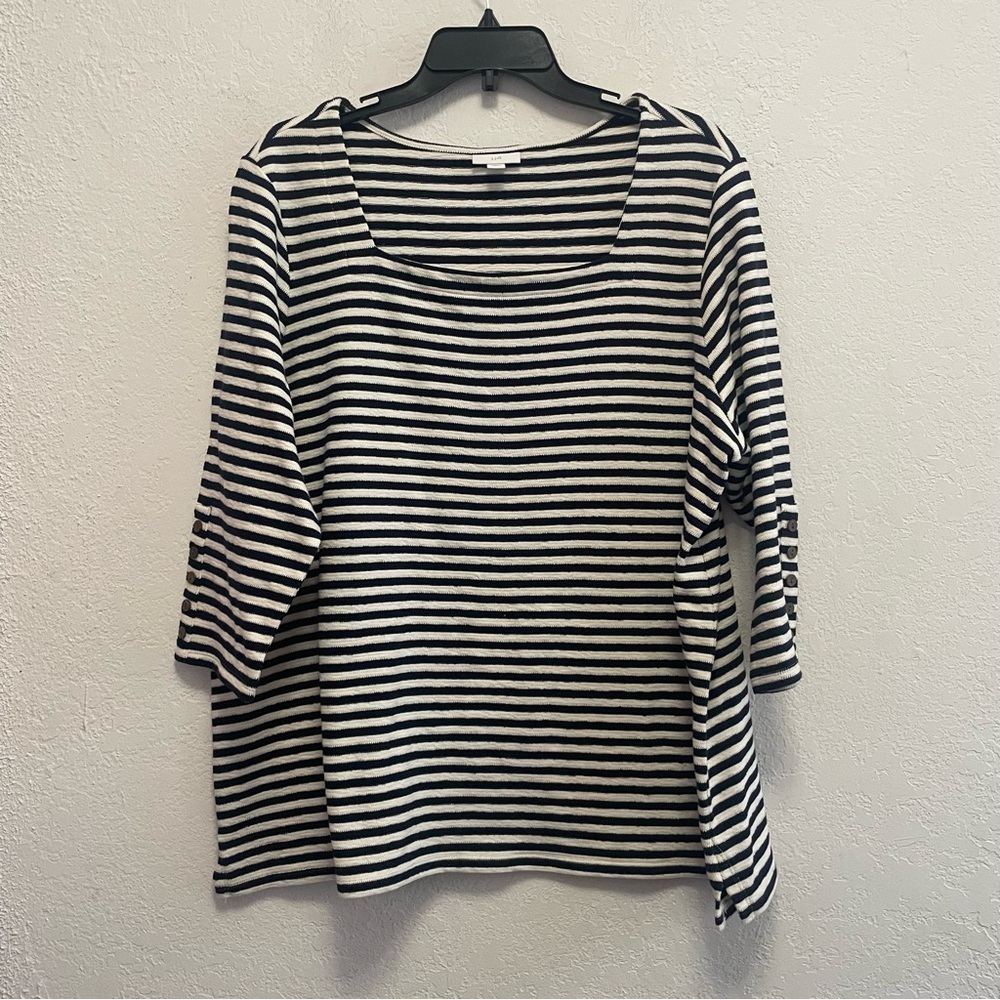 J Jill Womens 2X Square Neck 3/4 Sleeve Navy White Striped Top Nautical Coastal